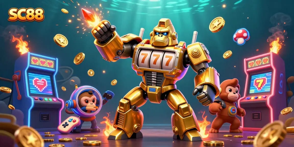 Engage in SC88's exciting gaming world with a golden gorilla mech and vibrant arcade machines.