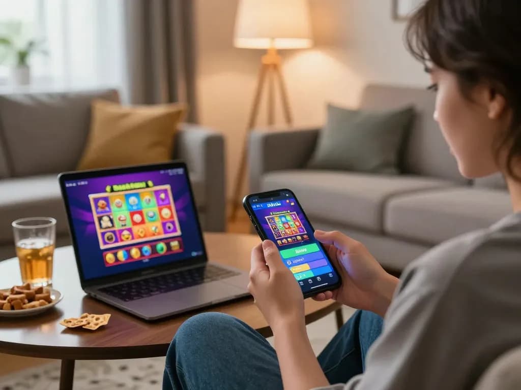 Mobile gaming experience with rikvip app on smartphone in a cozy home setup.