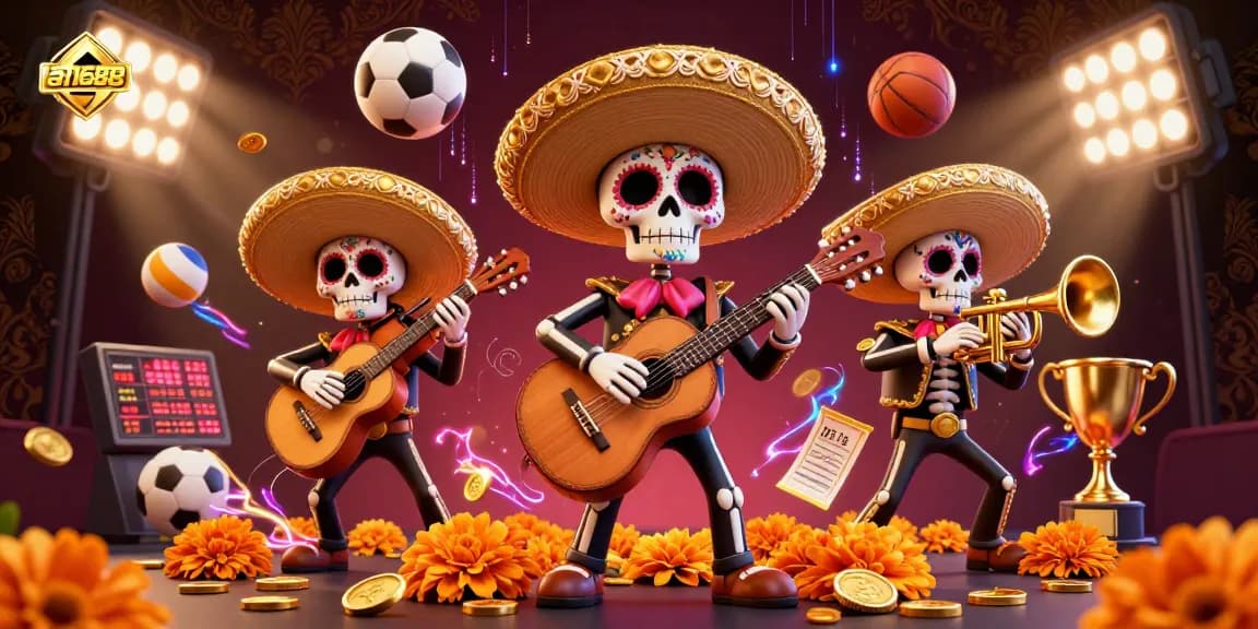 Experience the excitement of af1688 with a lively casino atmosphere featuring mariachi characters, sports elements, and vibrant colors.