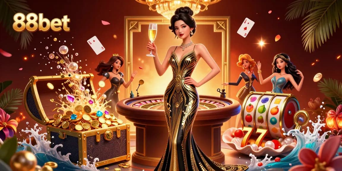 Experience the thrill of 88bet with a glamorous Asian woman holding a champagne glass amidst an exciting casino backdrop.