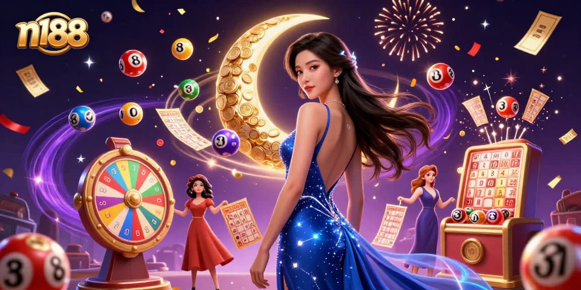 Experience excitement at n188 with vibrant games and dazzling prize elements in a stunning casino scene.