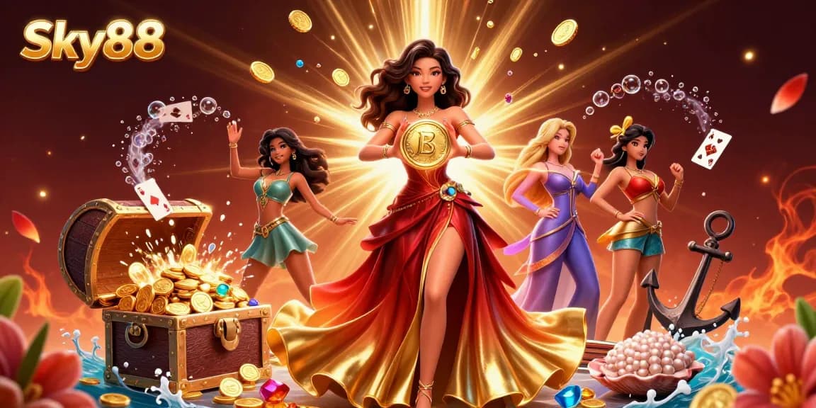 Witness the thrilling action at Sky88 with a stunning digital casino illustration showcasing winning moments and dazzling elements.
