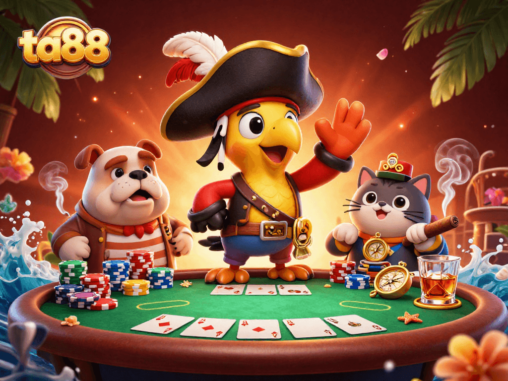 Engage in thrilling ta88 card action with pirates and poker elements in a vibrant scene.