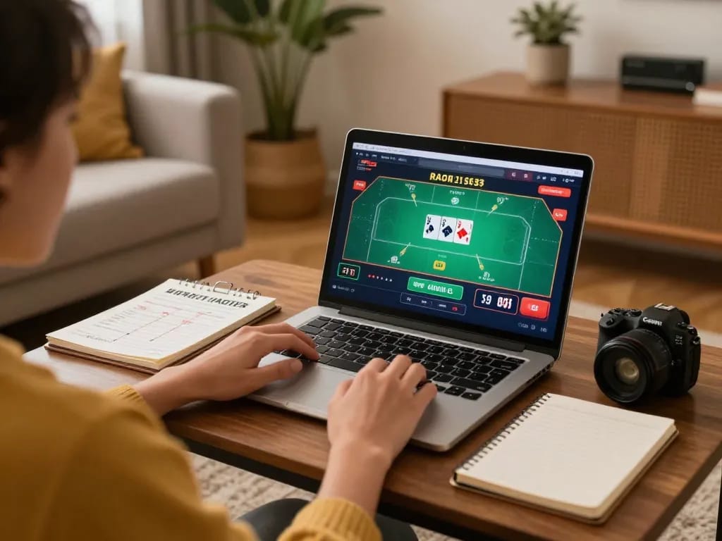 Engaging home casino experience with a player using 8kbet on laptop for poker