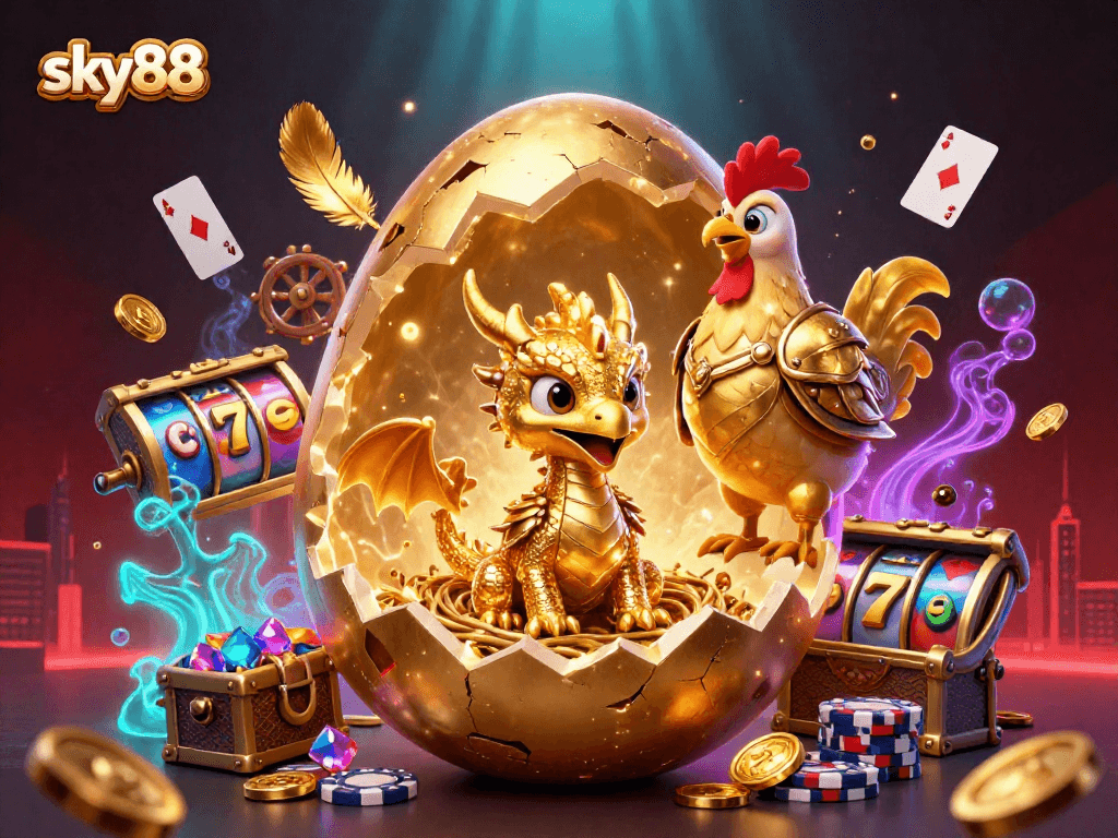 Engage with the golden dragon at sky88 as it guards treasures amidst vibrant casino elements.