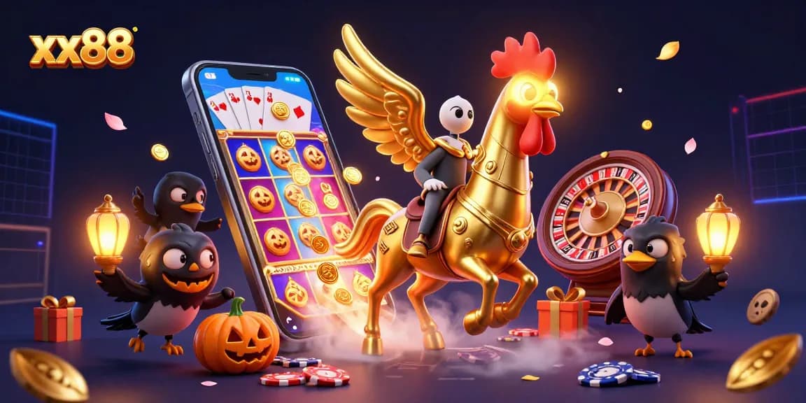 Experience the thrill of xx88 with a vibrant casino scene featuring a golden rooster and exciting game elements.