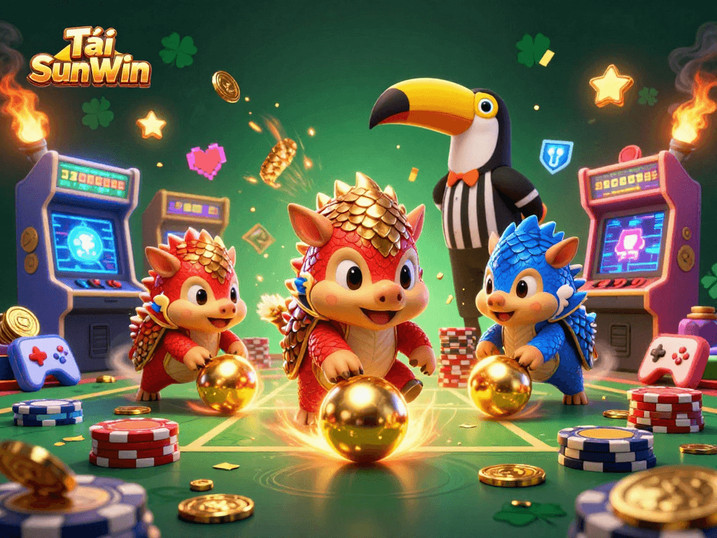 Tải SunWin thrillingly features battling pangolins in a vibrant casino arcade scene.