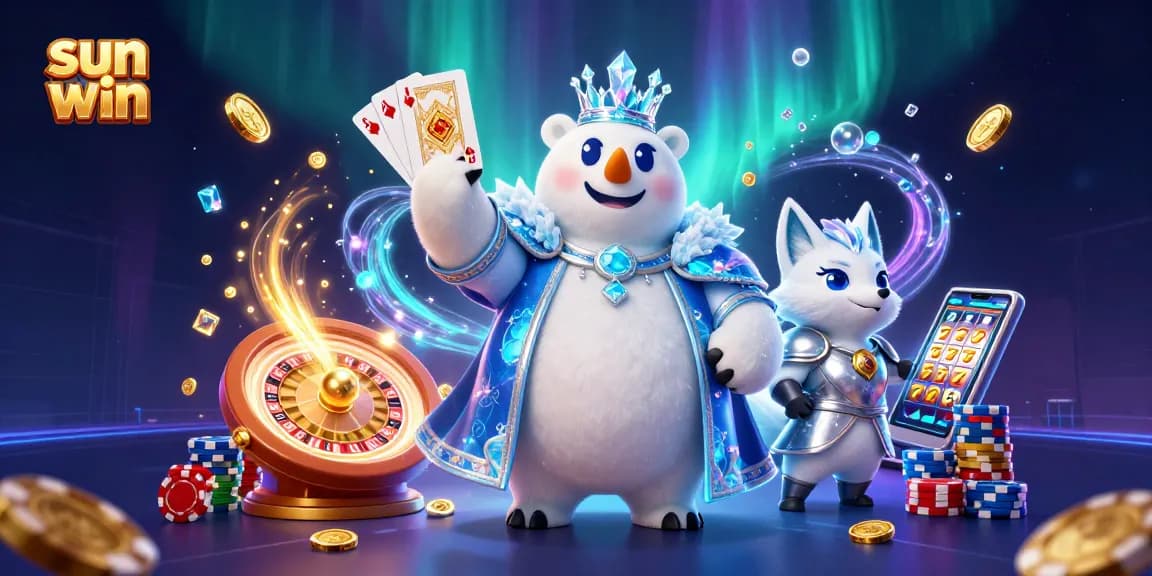 Engage with vibrant gaming action in sun win, featuring a polar bear and snow fox in a casino scene.