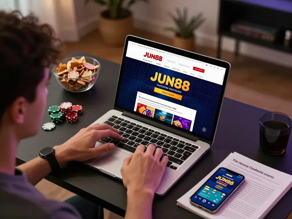 Engaged player using Jun88 online casino platform for betting strategies in a stylish home office setup.