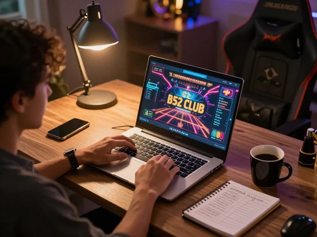 B52 CLUB gaming experience with a player deeply focused on the online poker game and strategy notes present.