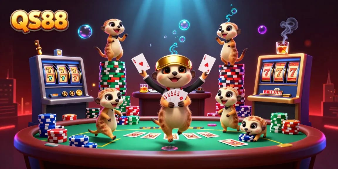 Experience thrilling action at QS88's vibrant casino with meerkats running games and managing bets.