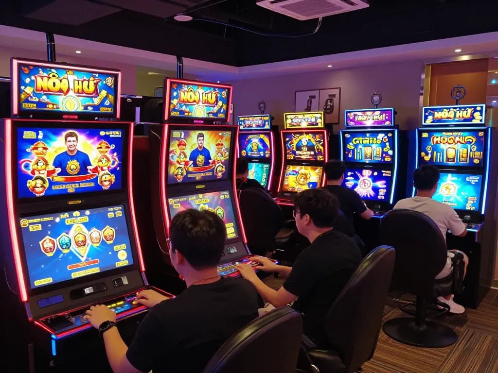 Nổ hũ game online showing colorful slot machines with players actively engaging to win massive jackpots