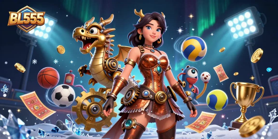 Engage in thrilling gaming at BL555, depicted with vibrant slots, sports betting, and a stunning 3D woman.