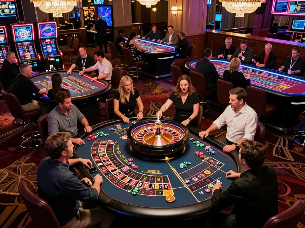 Các người chơi LUCK8 tham gia trò chơi roulette đầy kích thích giữa ánh sáng sống động của casino.