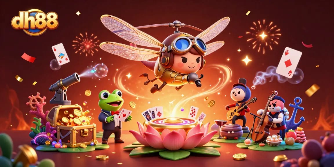 Win big with dh88 at an exciting lily pad casino featuring vibrant 3D characters and rich gambling details.