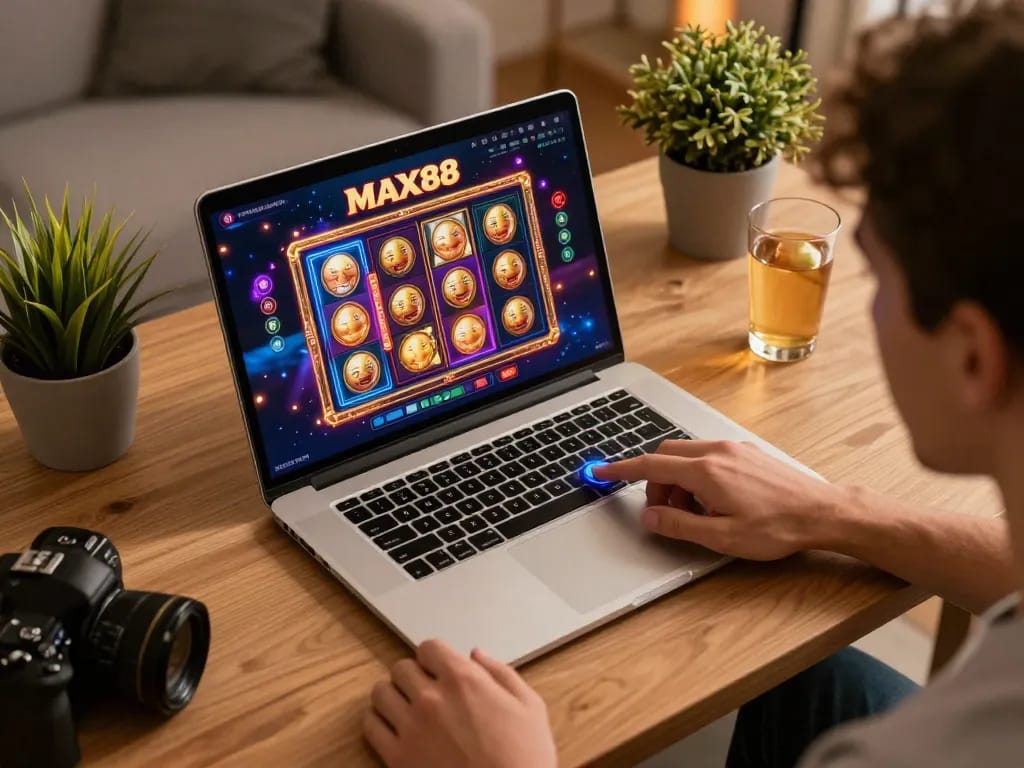Playing slot games on MAX88 platform from a cozy home desk with engaging visuals.