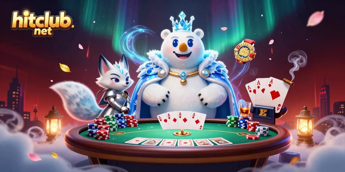 Experience hitclub-net with a thrilling poker scene featuring a polar bear king and his snow fox companion.