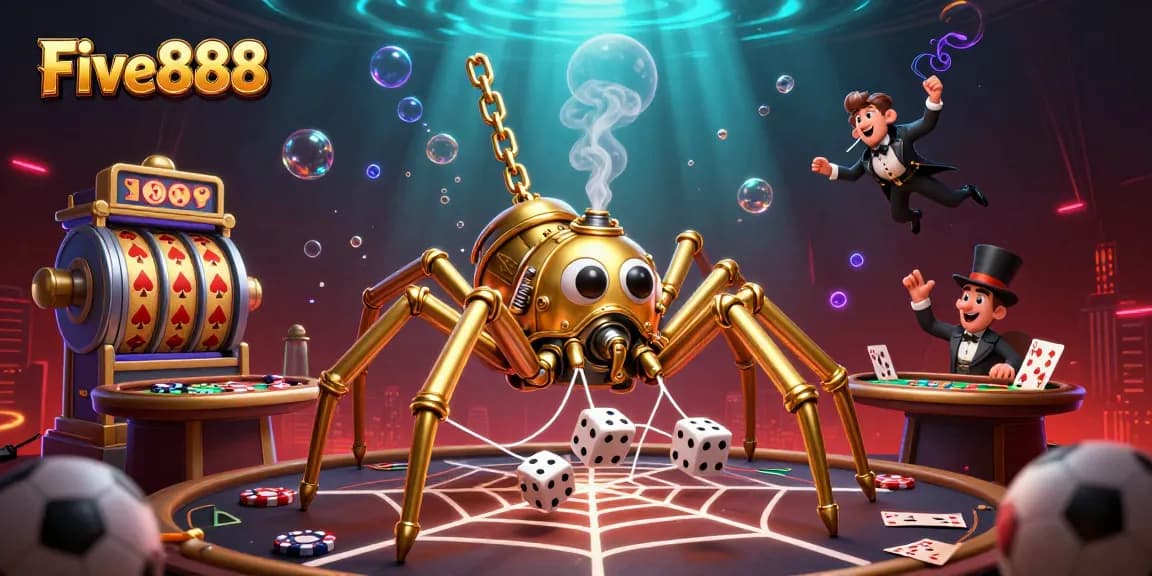 Experience excitement at Five888 with an intricate steampunk spider and interactive casino elements within 3D illustration.
