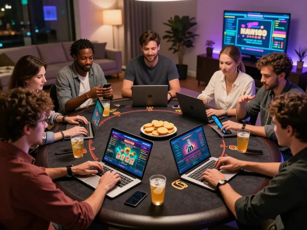 Friends engaging in online gaming from MAX88 with laptops and drinks in a lively home setup