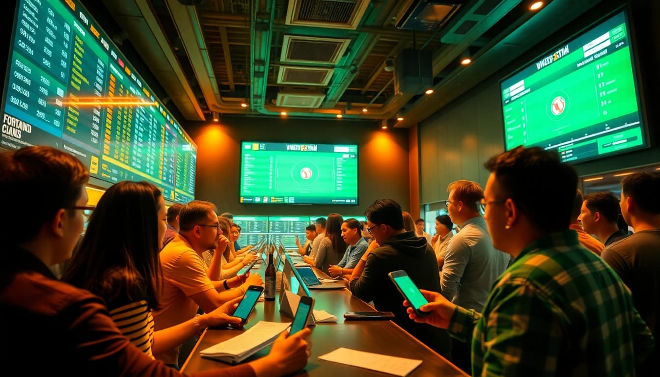 Exciting bettors engaging in trang cá cược bóng đá in a vibrant sports betting environment.