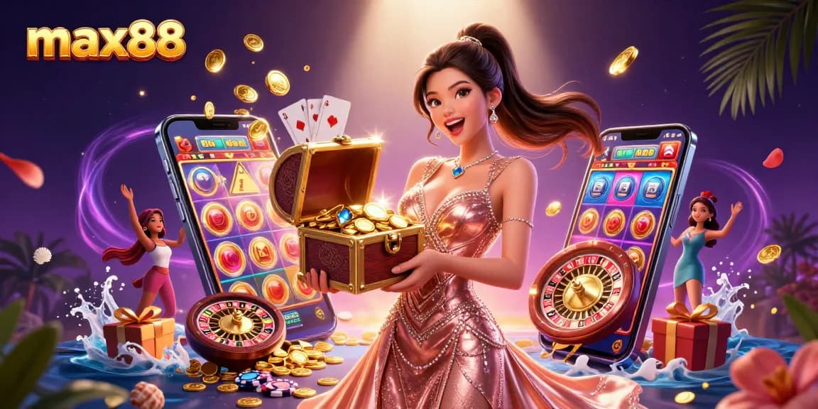 Experience the excitement with max88 as you explore a treasure chest filled with gems and winnings!
