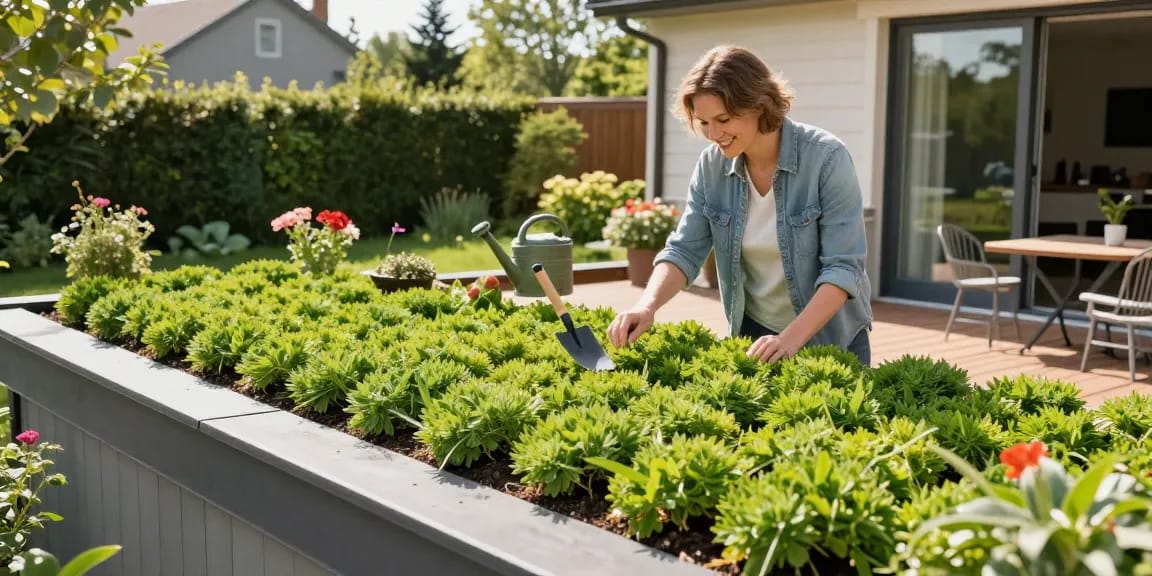 Sedum op dakkapel met een bloeiend groen dak, levendige planten en een blije huiseigenaar in een zonnige tuin.