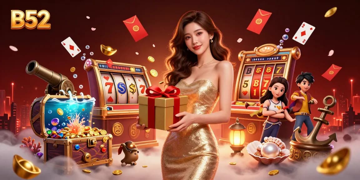 Experience the festive B52 casino scene with golden coins and lucky symbols in vibrant 3D.
