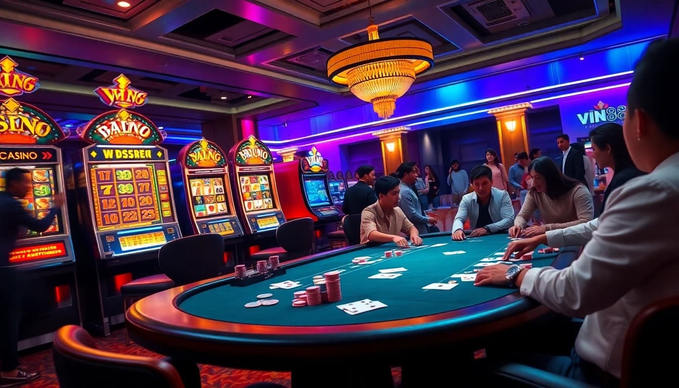 Action-packed scene at https://vin88ac.com/, showcasing excited players at a casino poker table.