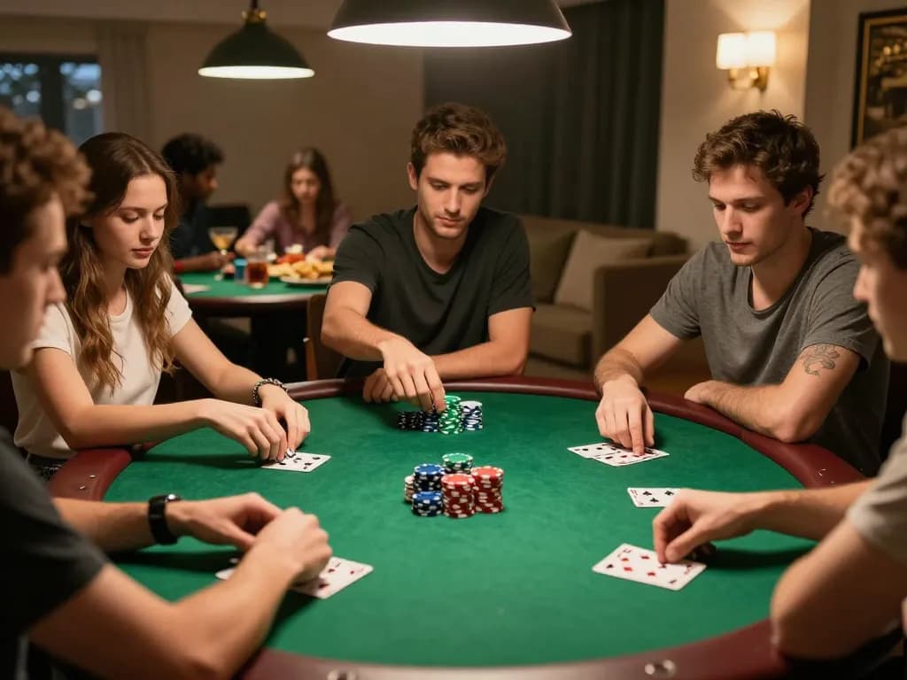 Sunwin poker night with friends engaging in a thrilling game, vibrant chips and snacks visible