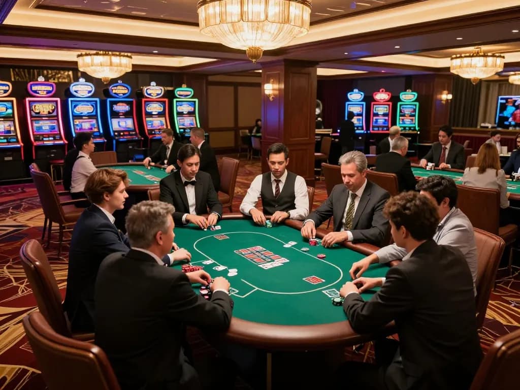 Players strategizing at a poker table in HELLO88's upscale casino environment.