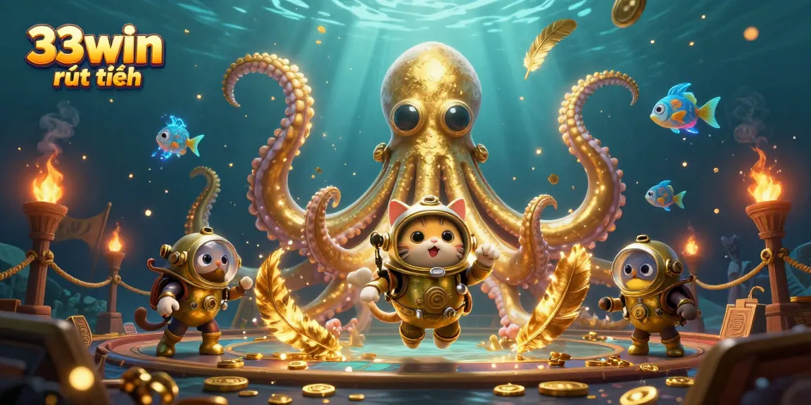 Engage with 33win rút tiền through an exciting underwater illustration featuring a kraken and divers.