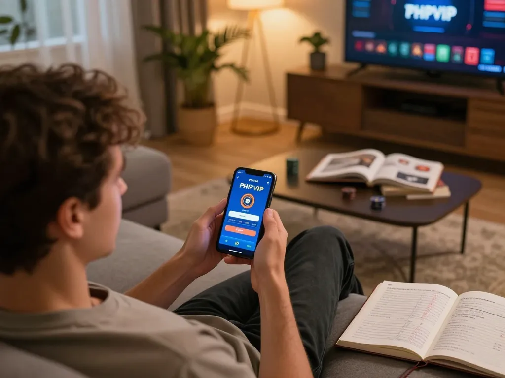 Engaged player using PHPVIP app on smartphone in a cozy living room for online gaming.