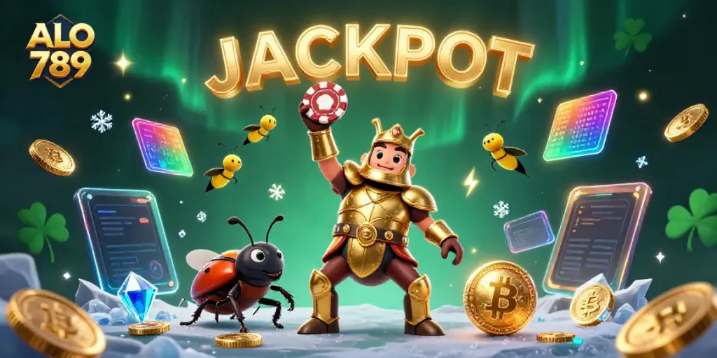 Engage with ALO 789's thrilling gaming landscape featuring a victorious beetle champion in a rich 3D illustration.