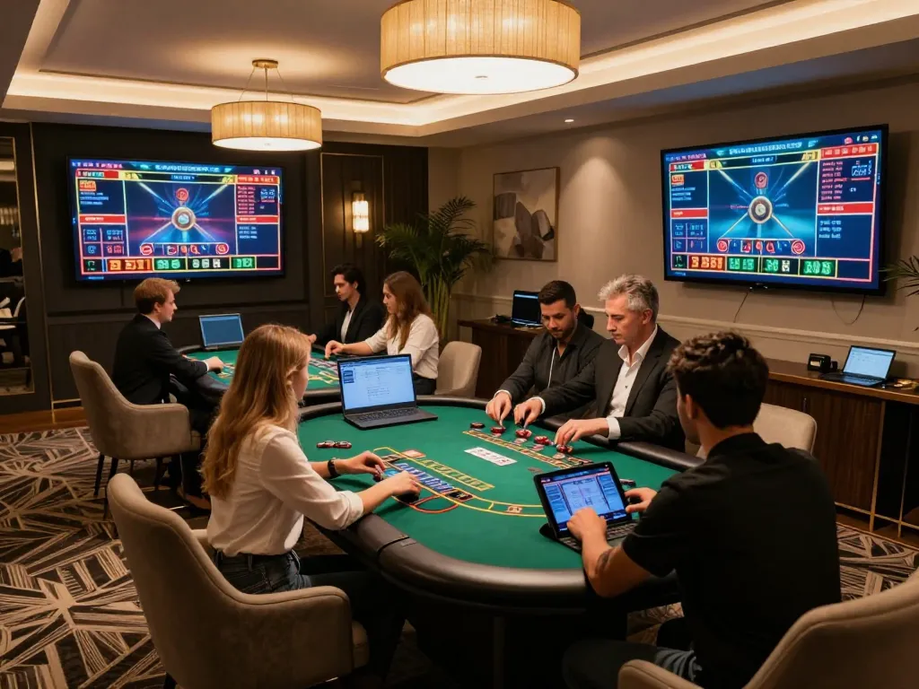 Engaging online blackjack game session featuring DA88 gaming interface, players using tablets and laptops with a luxurious virtual setup.