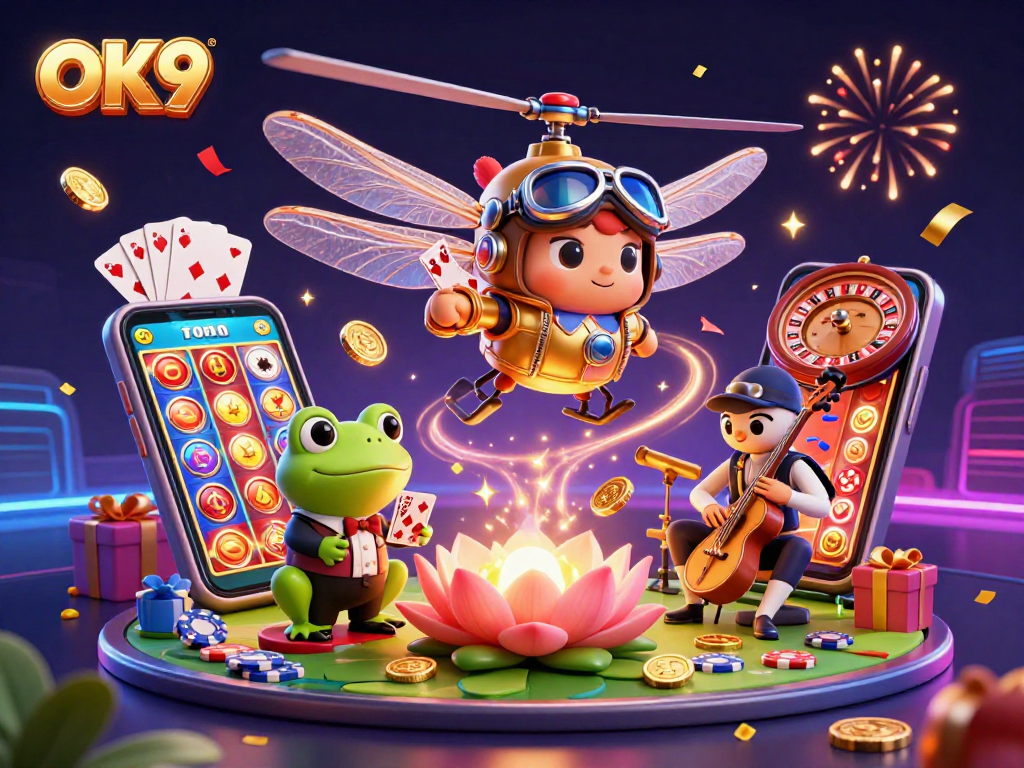 Experience the thrill of gambling at OK9 with a vibrant casino scene featuring engaging characters.