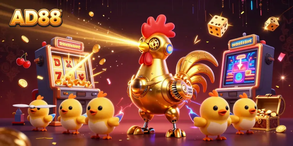 Experience AD88 with a thrilling 3D illustration of a golden rooster robot and baby chick drones in a vibrant casino setting.