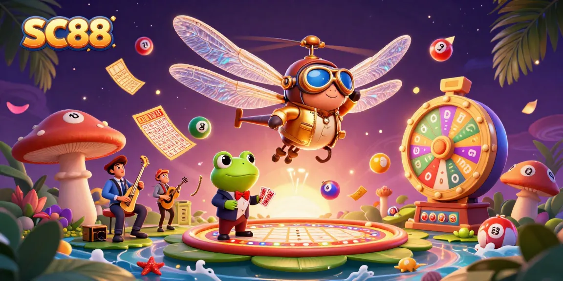 Engage with SC88's thrilling casino experience as a dragonfly pilot hovers above a dynamic lily pad, surrounded by vibrant gaming elements.