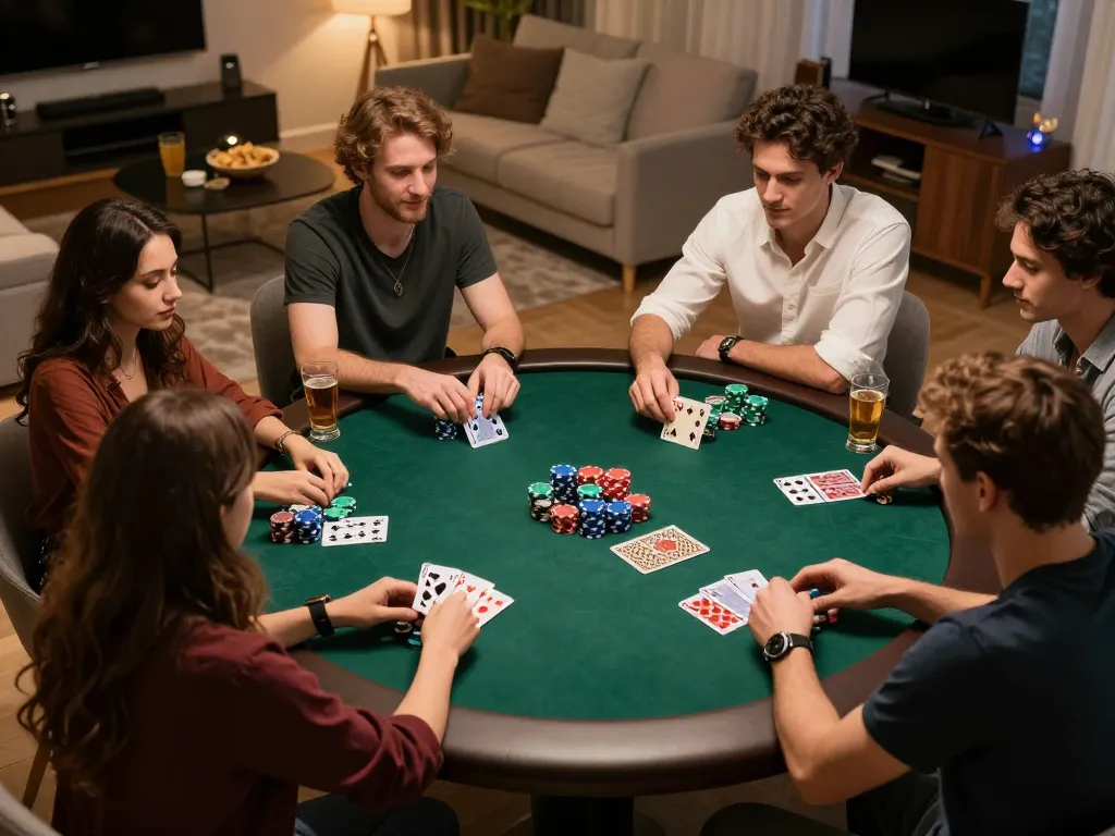 Friends enjoying a poker game at home with 789win apps, showcasing strategy and social interaction.