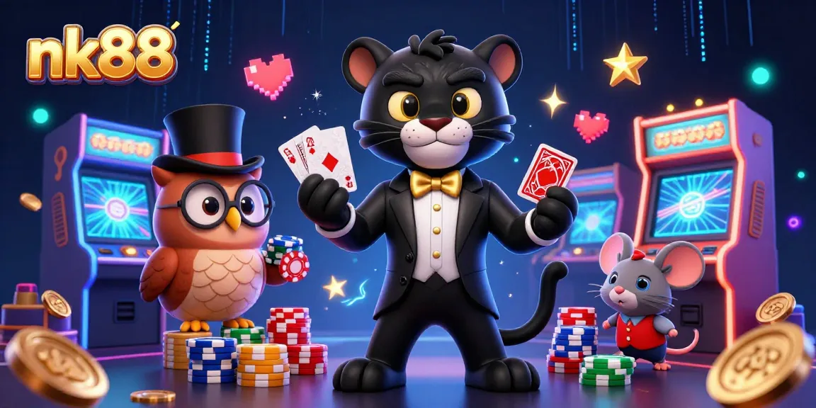 Engage with nk88 while stylish characters deal cards in a vibrant casino setting filled with games and excitement.