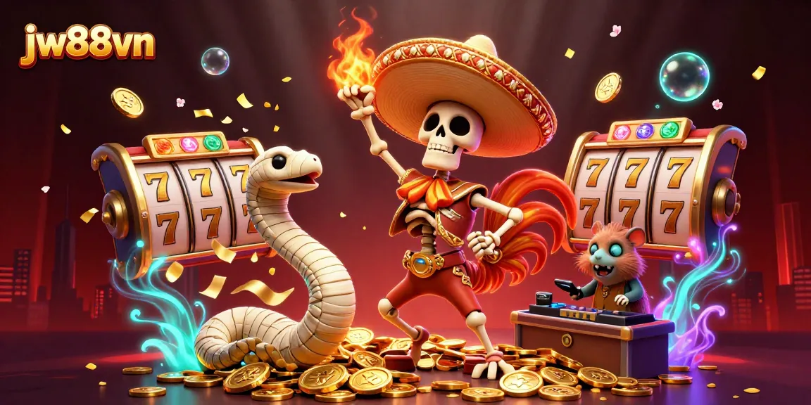 Celebrating wins at jw88vn with a dynamic scene of a mariachi rooster and friends amidst golden coins and slot elements.