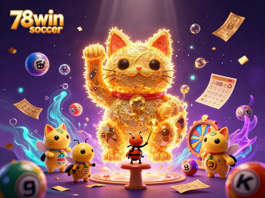 Experience the vibrant world of 78win soccer with magical casino elements and a lucky cat in a dynamic, energetic scene.