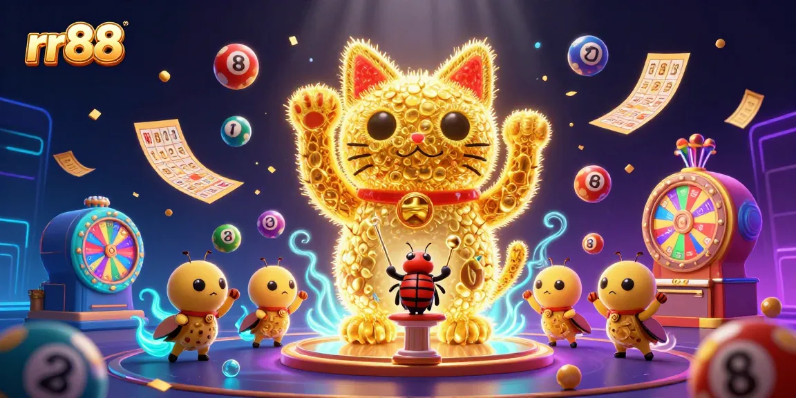 Experience the excitement of rr88 with a vibrant casino-themed illustration showcasing a dynamic lucky cat and colorful game elements.