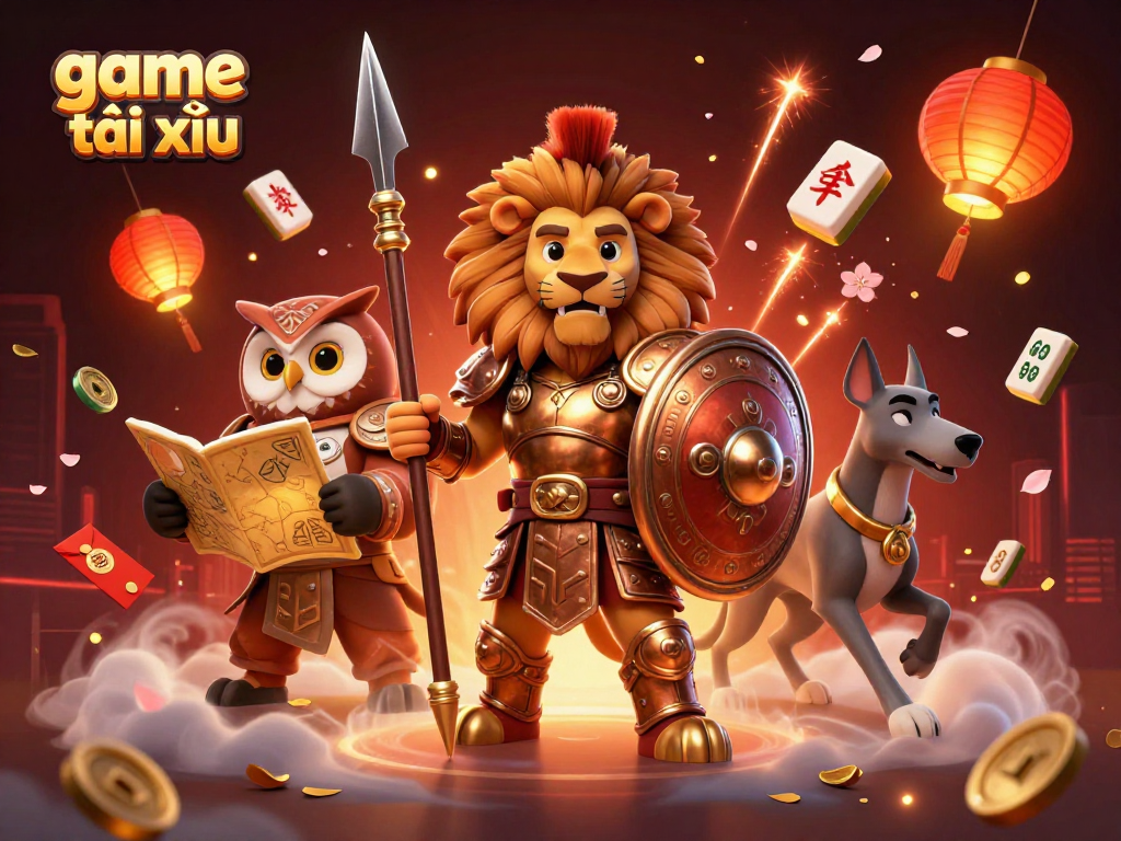 Experience thrilling game tài xỉu with a Spartan lion, strategic owl, and swift greyhound in a vibrant online casino.