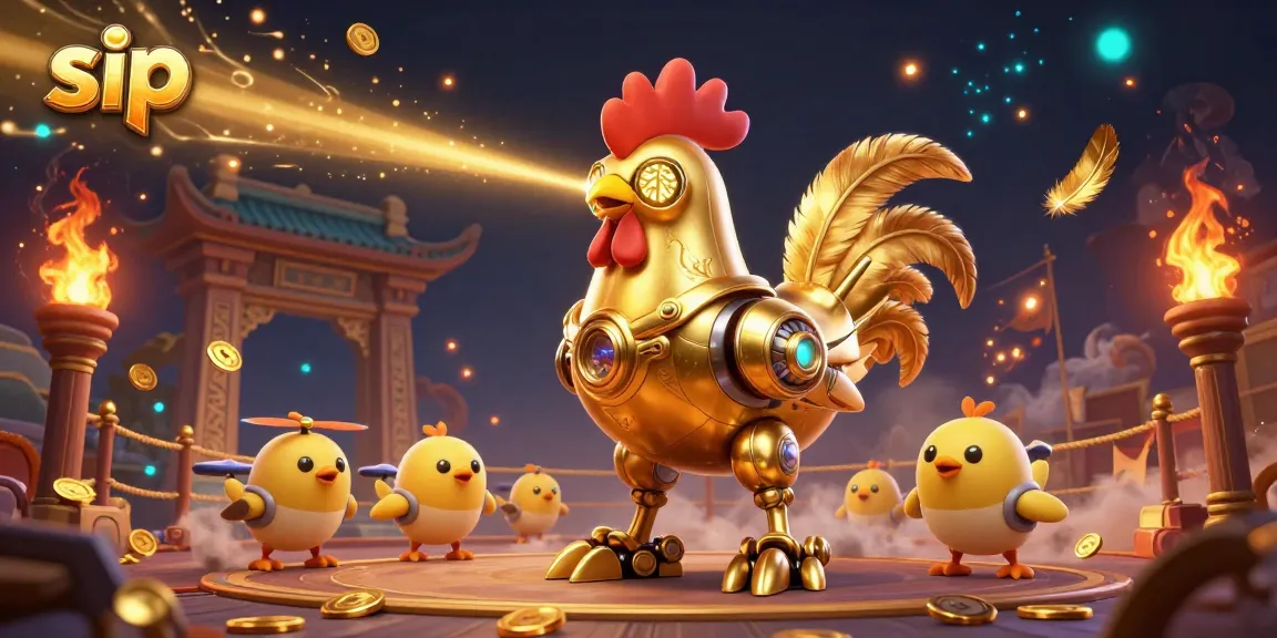 Engage in thrilling casino action with sip, featuring a golden rooster robot amidst swirling gold coins.