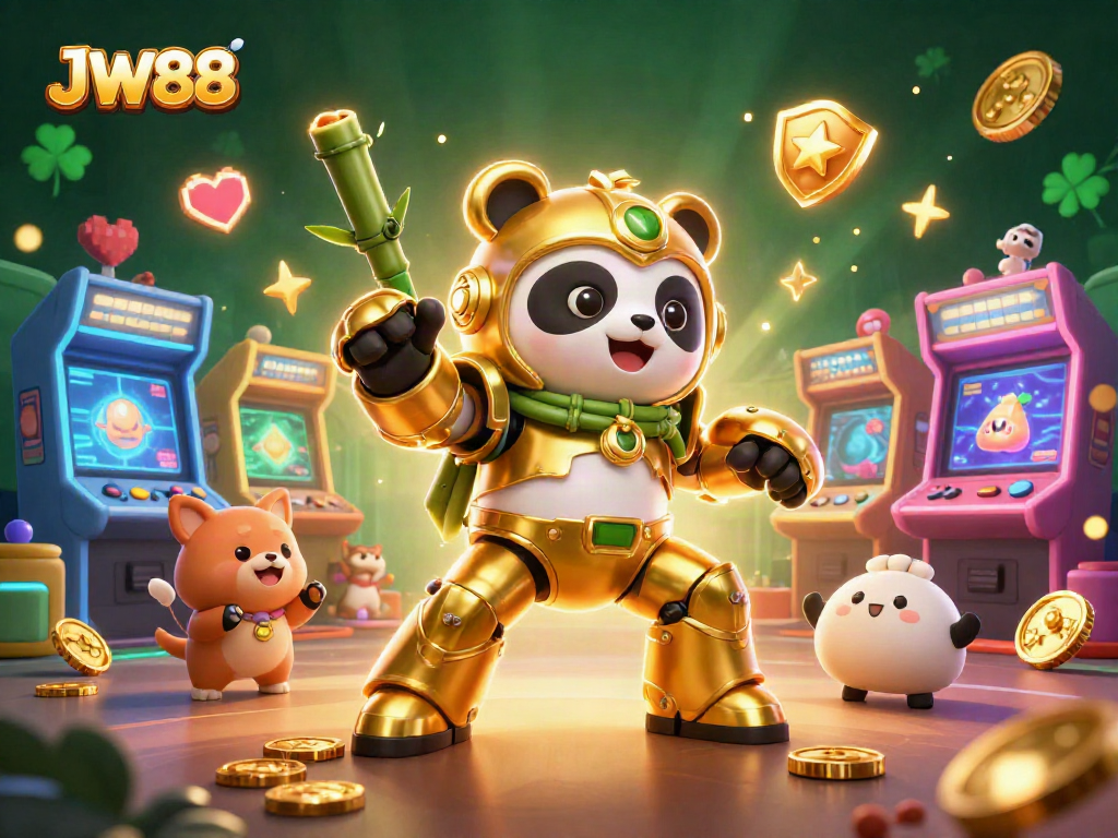 Engage with JW88's vibrant 3D casino adventure featuring a golden panda robot and dynamic gaming elements.