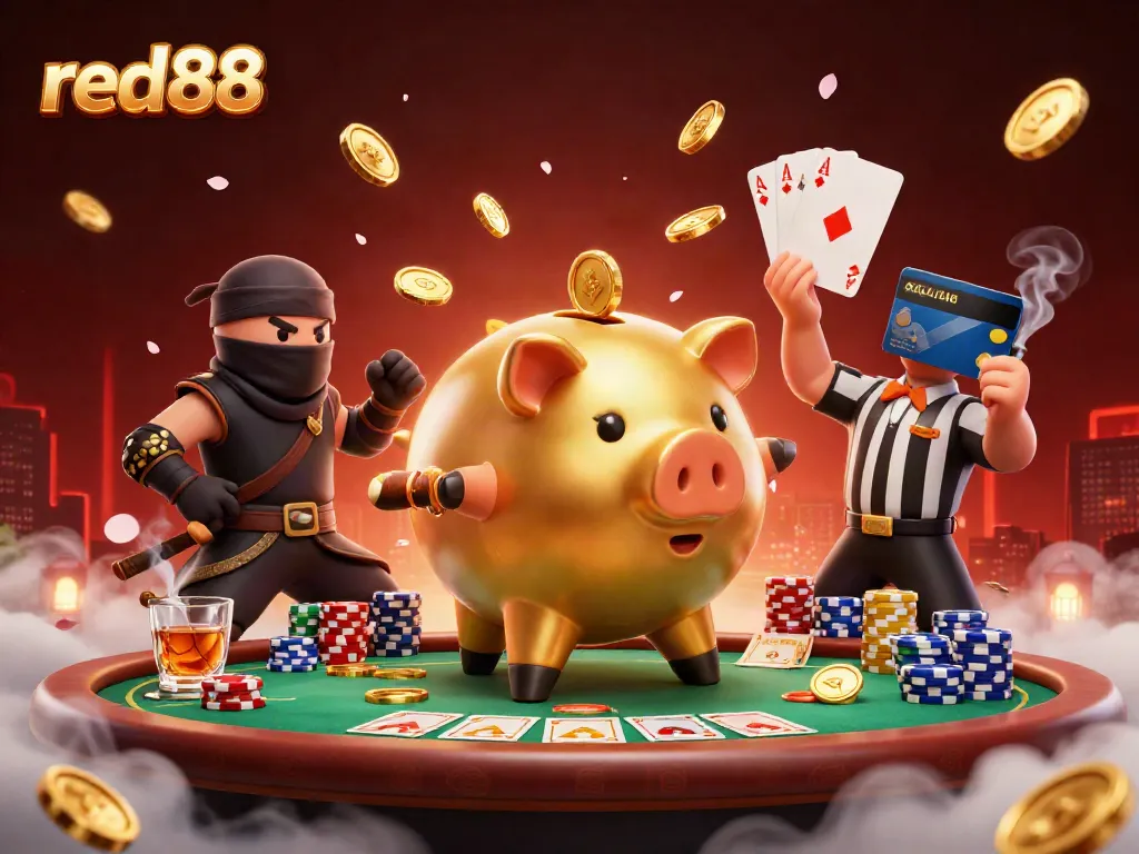 Experience thrilling gaming moments at red88 with a sumo wrestler and ninja in a casino
