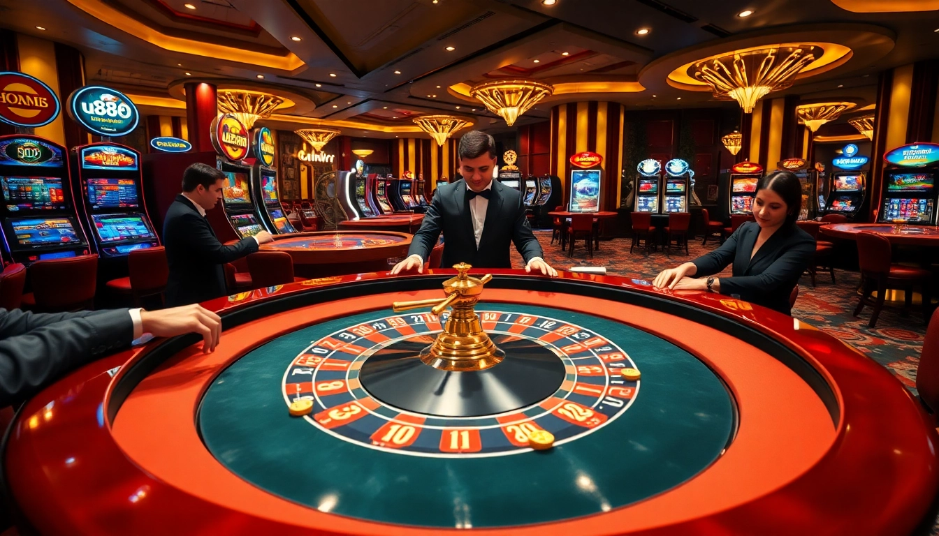 U888 engages players at a vibrant casino table with roulette and poker chips, emphasizing excitement.