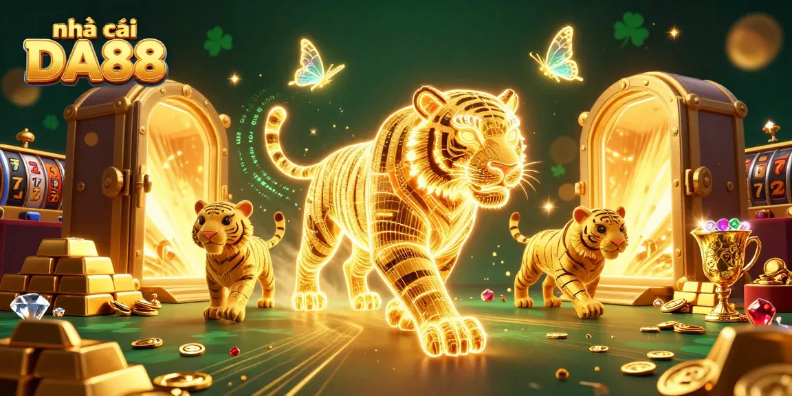 Experience thrilling moments at nhà cái DA88, showcasing vibrant digital casino elements and golden treasures.