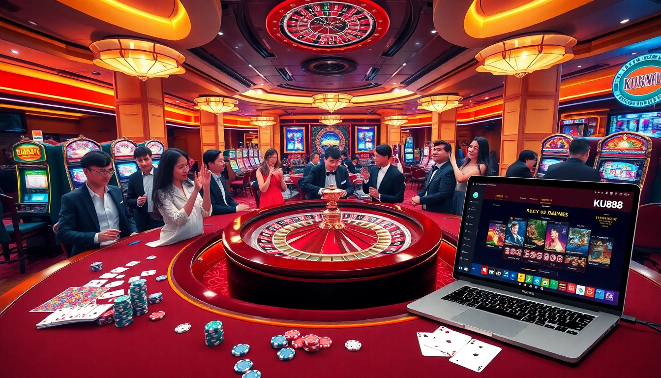 Gamblers enjoying a vibrant casino experience at KU888 with roulette and slot machines.