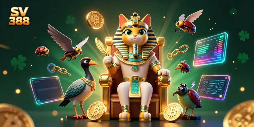 Bet on thrilling experiences with SV 388 featuring a vibrant scene of a pharaoh cat and crypto elements.